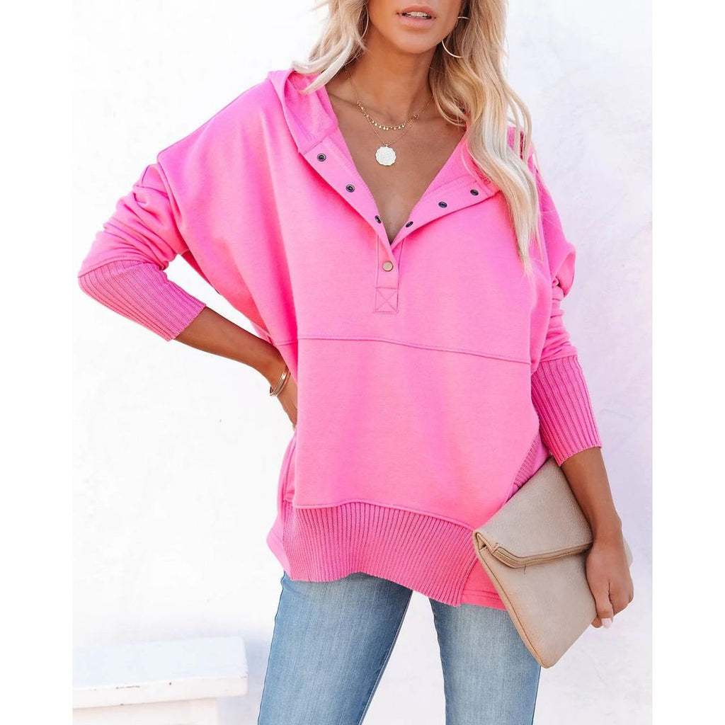 Women's henley hoodie with button placket in pink