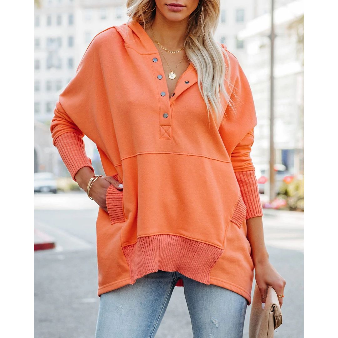 Women's henley hoodie with button placket in orange