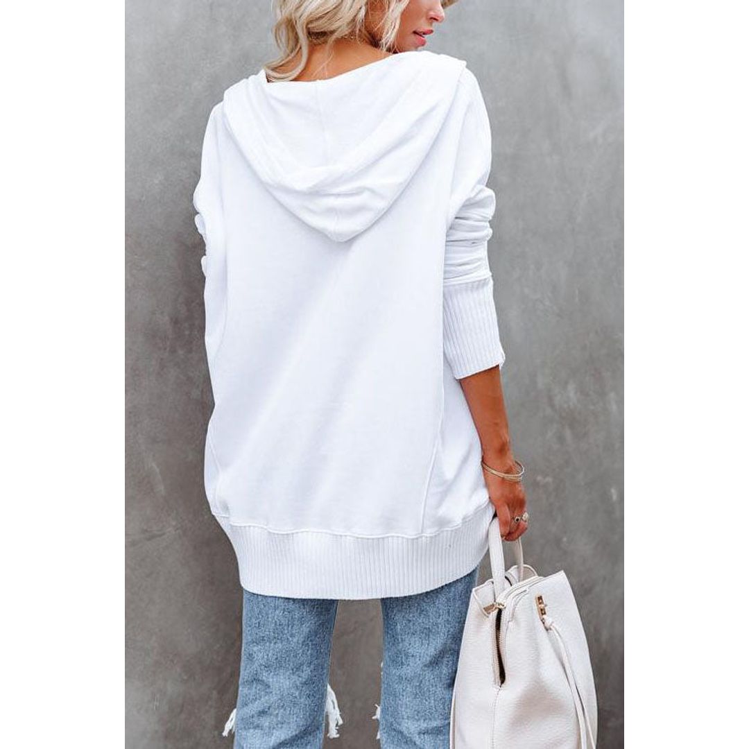 Women's henley hoodie with button placket in white, back view
