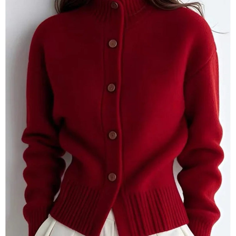 Women's High-Neck Button Cardigan with Fitted Shape for Autumn Winter