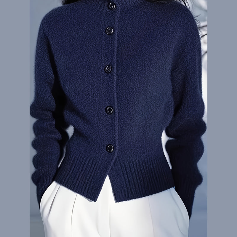 Woman wearing the navy cardigan – front view