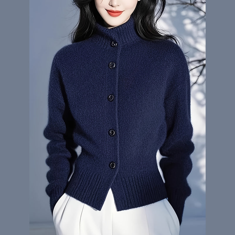 Woman wearing the navy cardigan – close-up