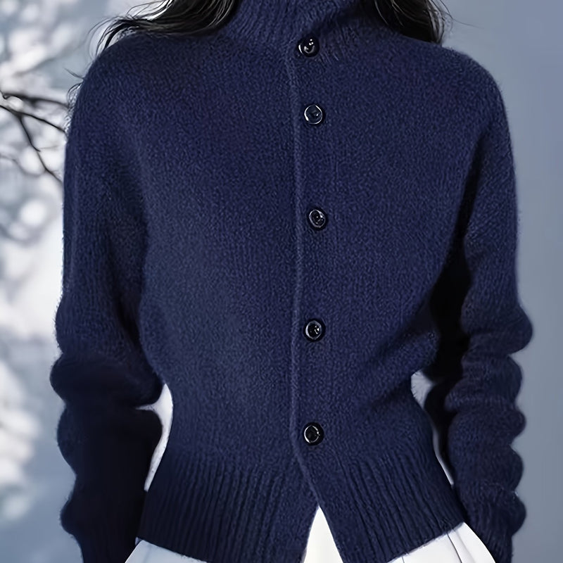 Women's high-neck button cardigan in navy blue