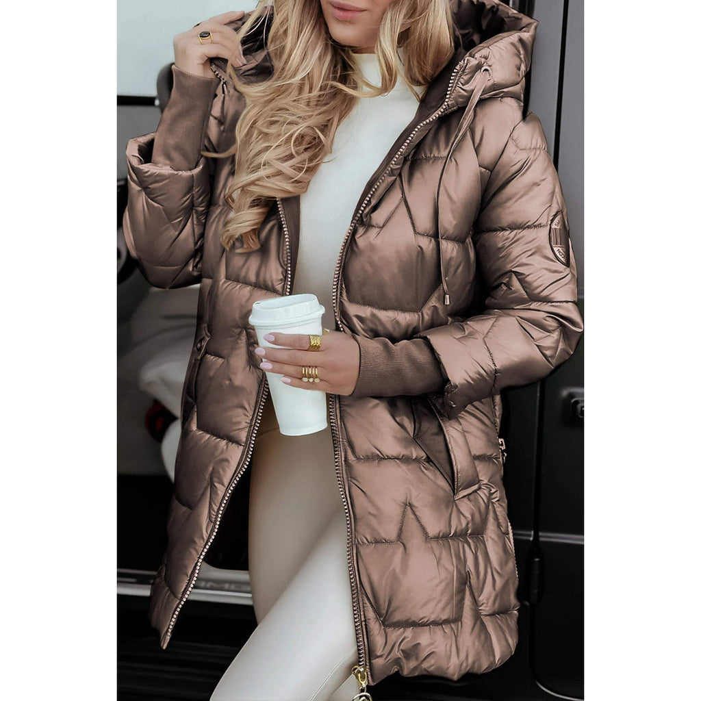 Women's bronze high-shine hooded puffer jacket