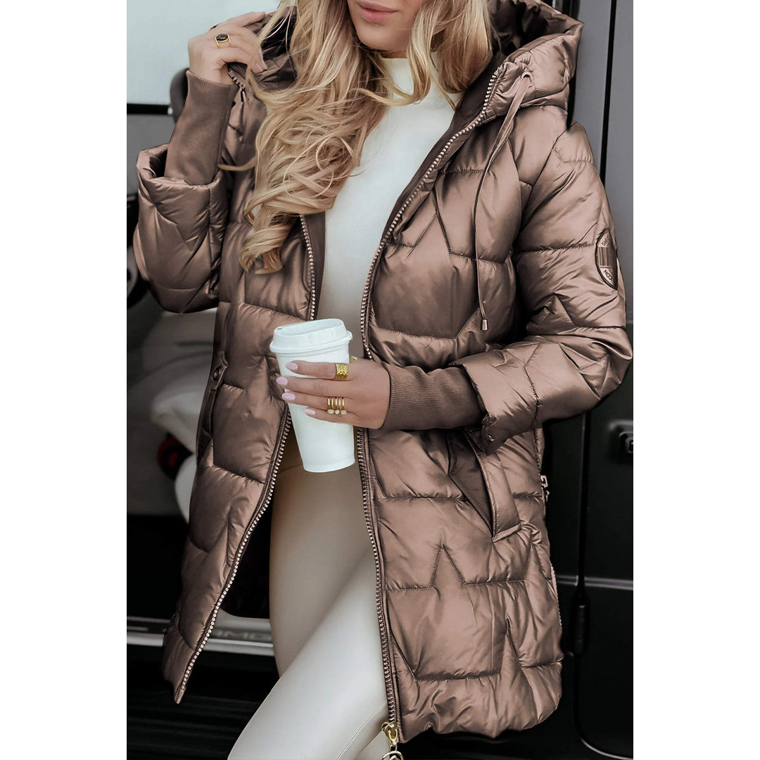 Women's bronze high-shine hooded puffer jacket