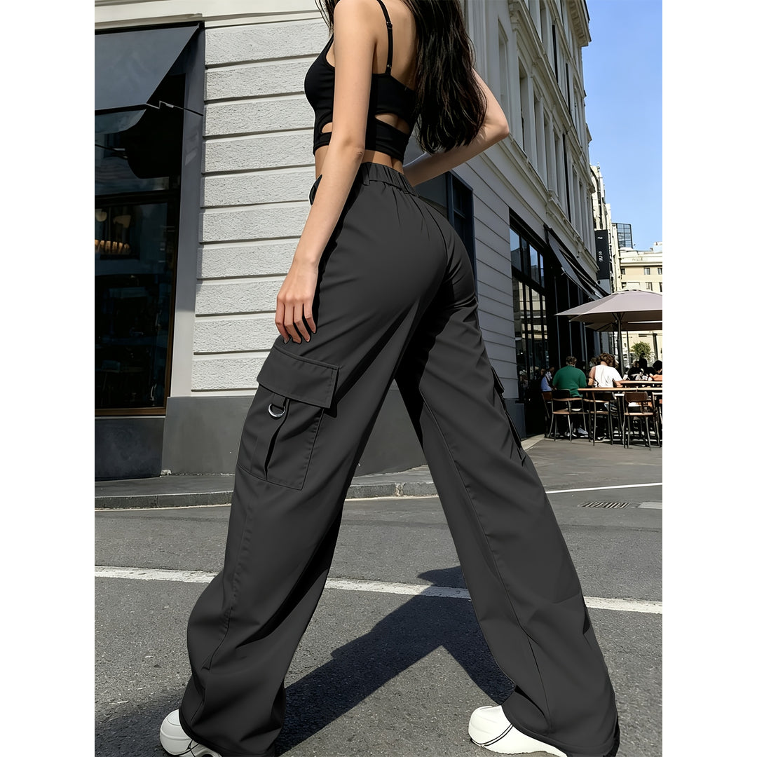 Woman wearing black wide-leg cargo trousers