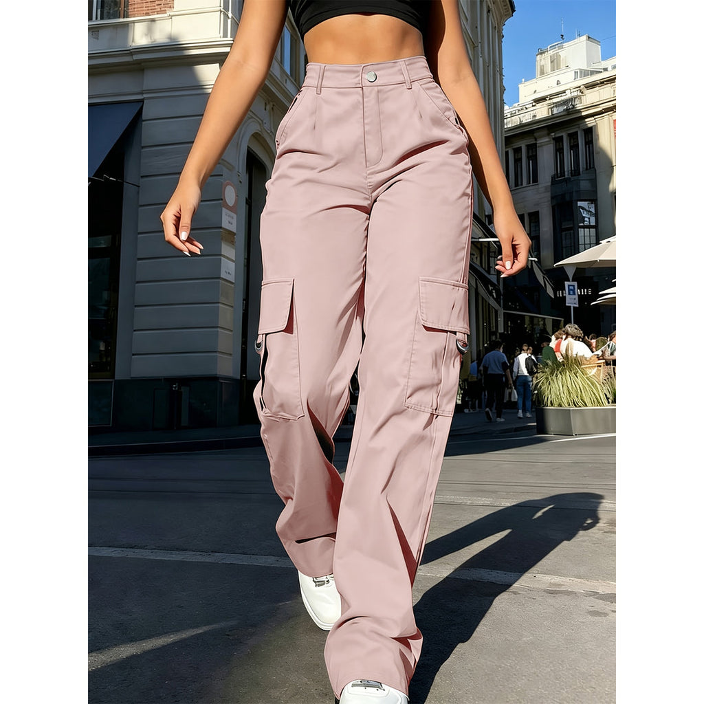 Woman wearing mauve high-waisted cargo trousers