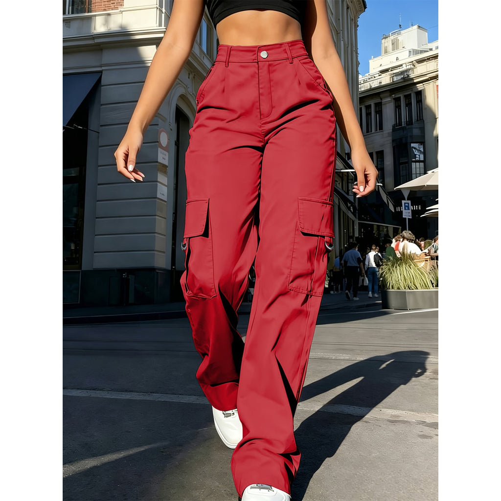 Woman wearing red wide-leg cargo trousers