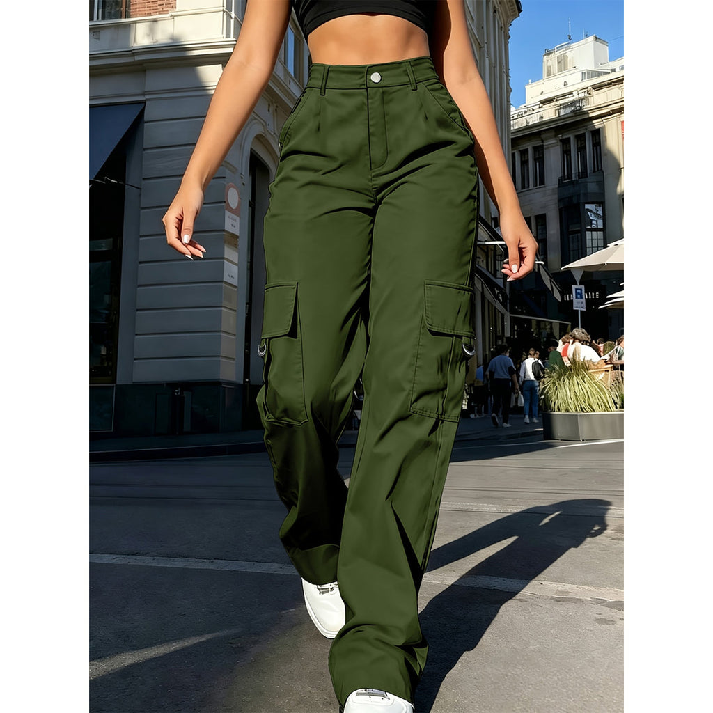 Woman wearing military green cargo trousers