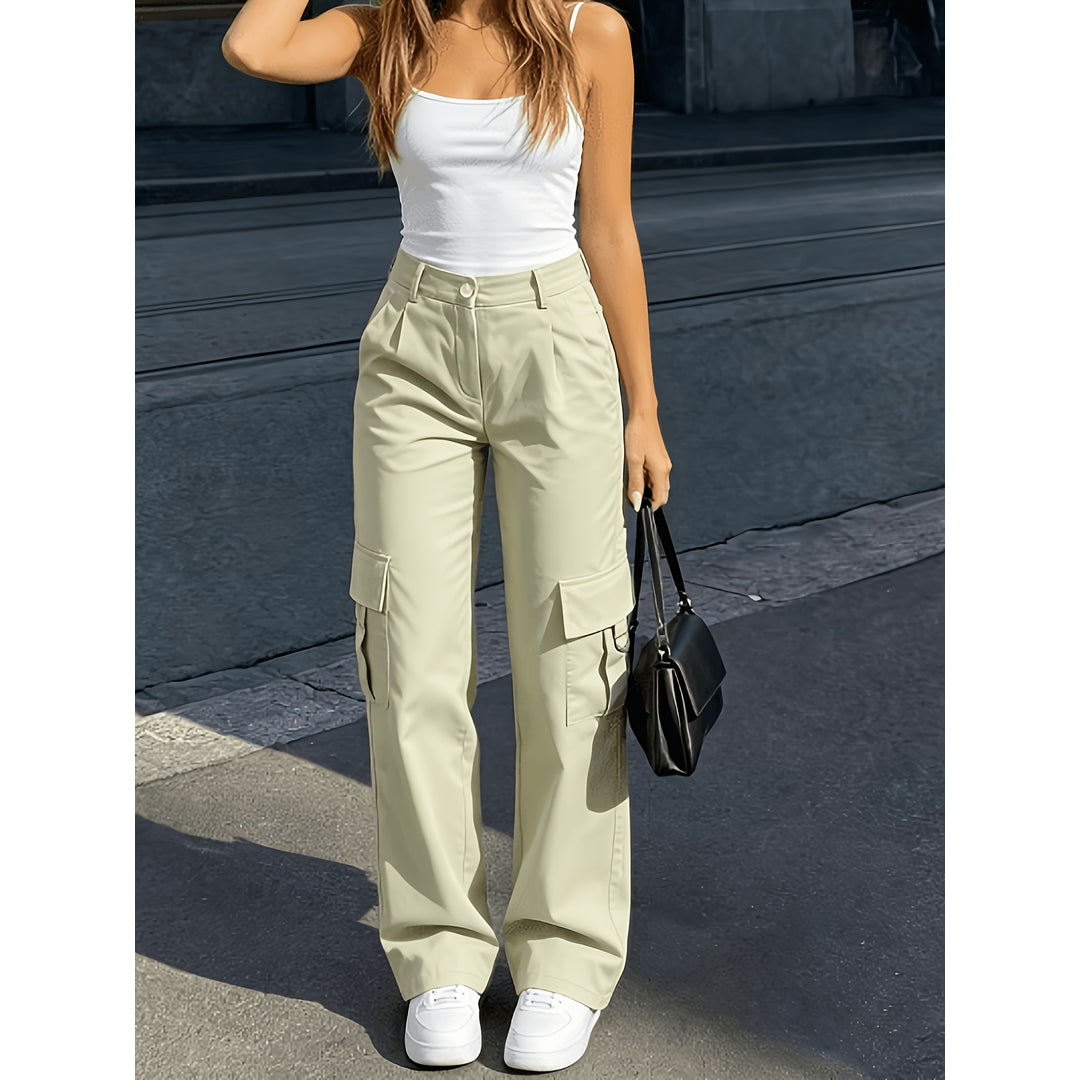 Woman wearing beige wide-leg cargo trousers with a white top