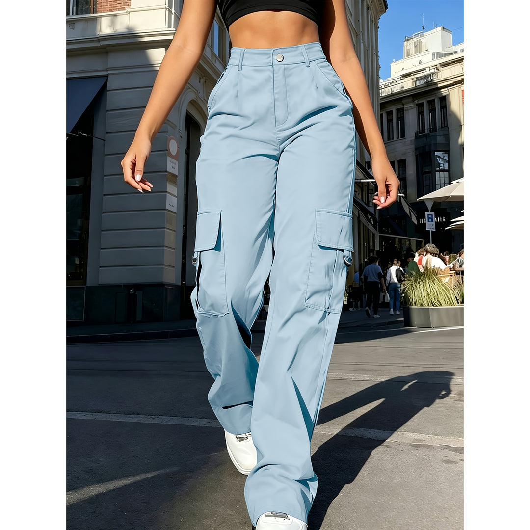 Woman wearing light blue high-waisted cargo trousers