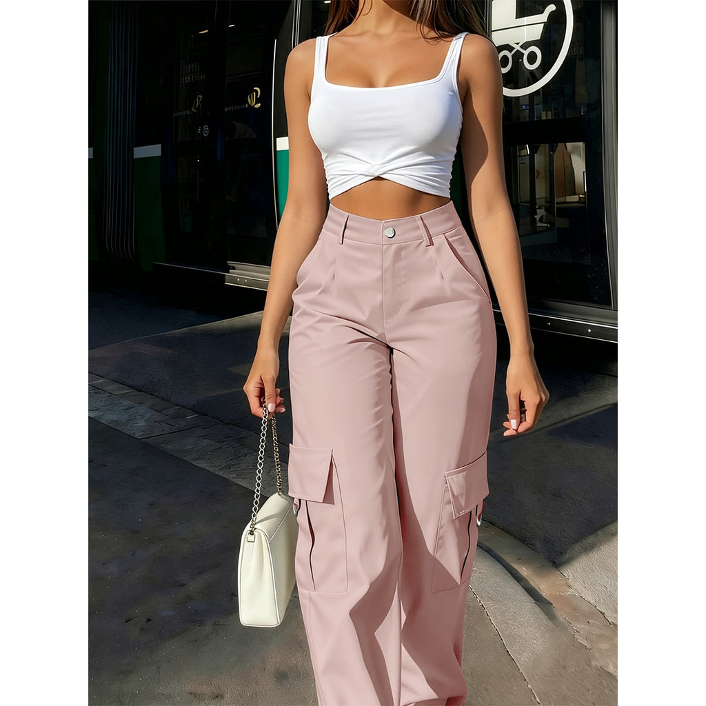 Woman wearing mauve cargo trousers with a white top