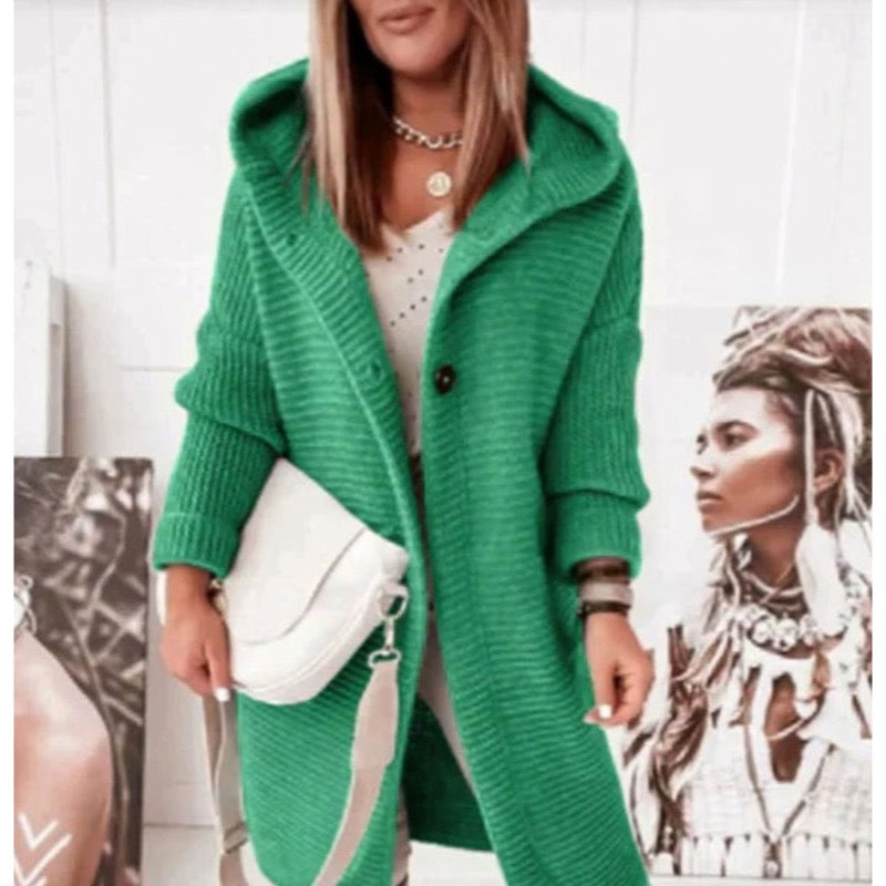 Women's hooded chunky knit cardigan in green