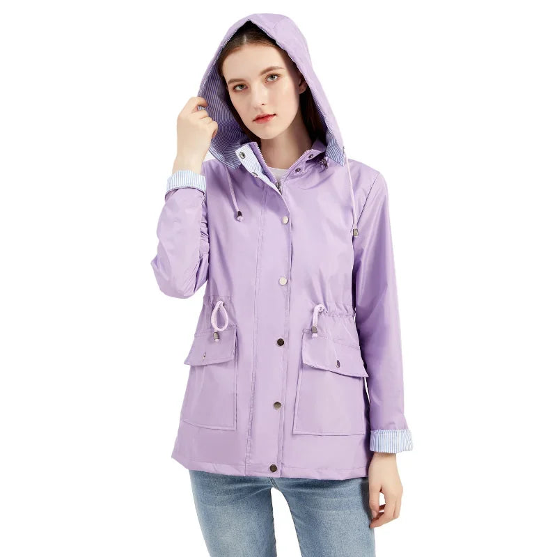 Women's Hooded Rain Jacket with Drawstring Waist for Autumn Days