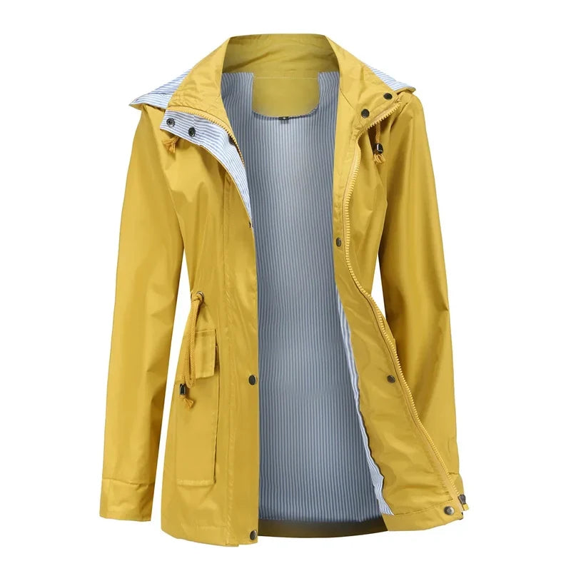 Women's hooded rain jacket in mustard