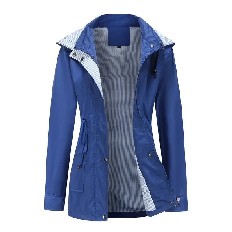 Women's hooded rain jacket in navy blue