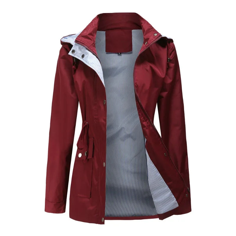 Women's wine red hooded rain jacket – open front