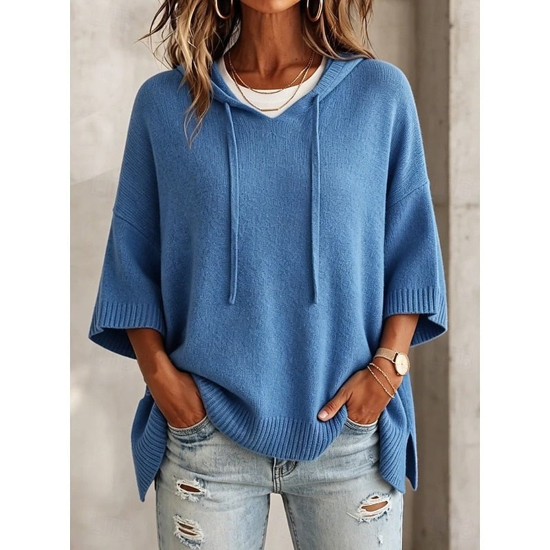 Women's hooded sweater with three-quarter sleeves in blue