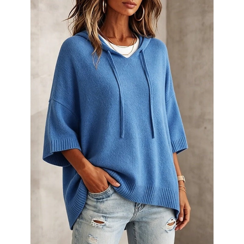 Women's hooded sweater with three-quarter sleeves in blue, view 3