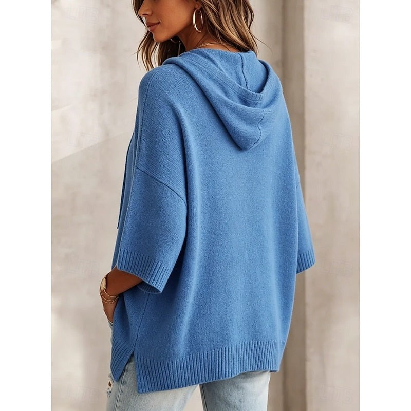 Women's hooded sweater with three-quarter sleeves in blue, back view
