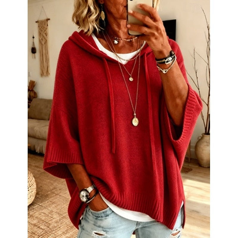 Women's hooded sweater with three-quarter sleeves in red