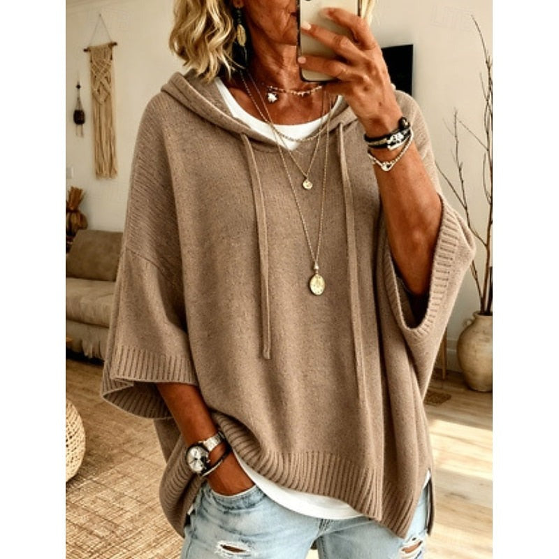 Women's hooded sweater with three-quarter sleeves in khaki