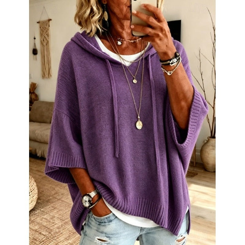 Women's hooded sweater with three-quarter sleeves in purple