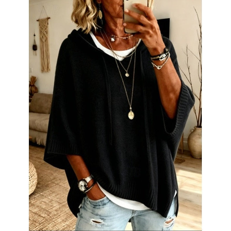 Women's hooded sweater with three-quarter sleeves in black