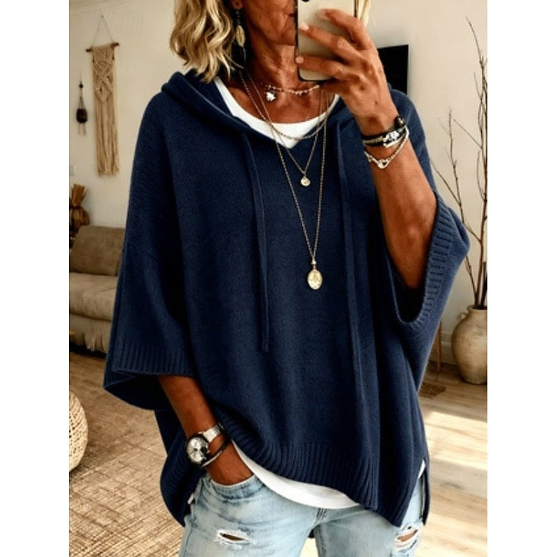 Women's hooded sweater with three-quarter sleeves in navy blue