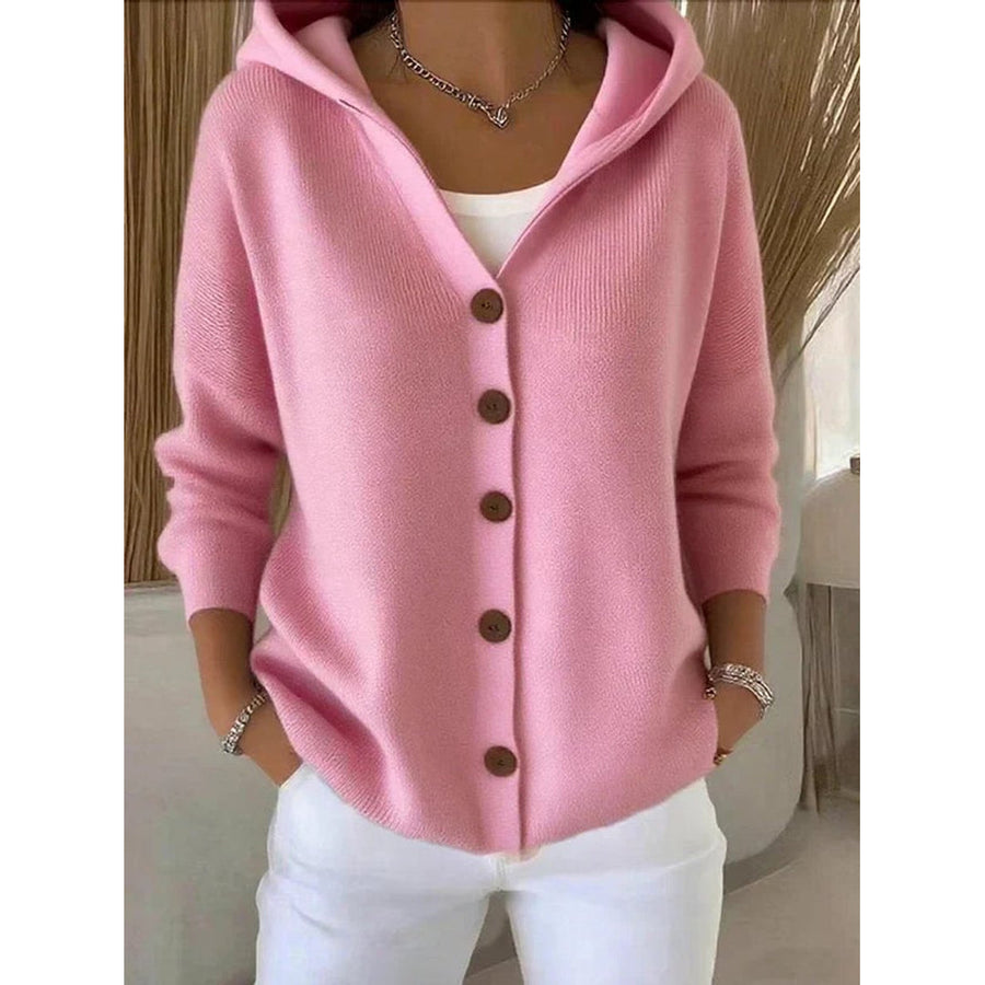 Women's Hooded Waffle Knit Cardigan with Button Front for Relaxed Days