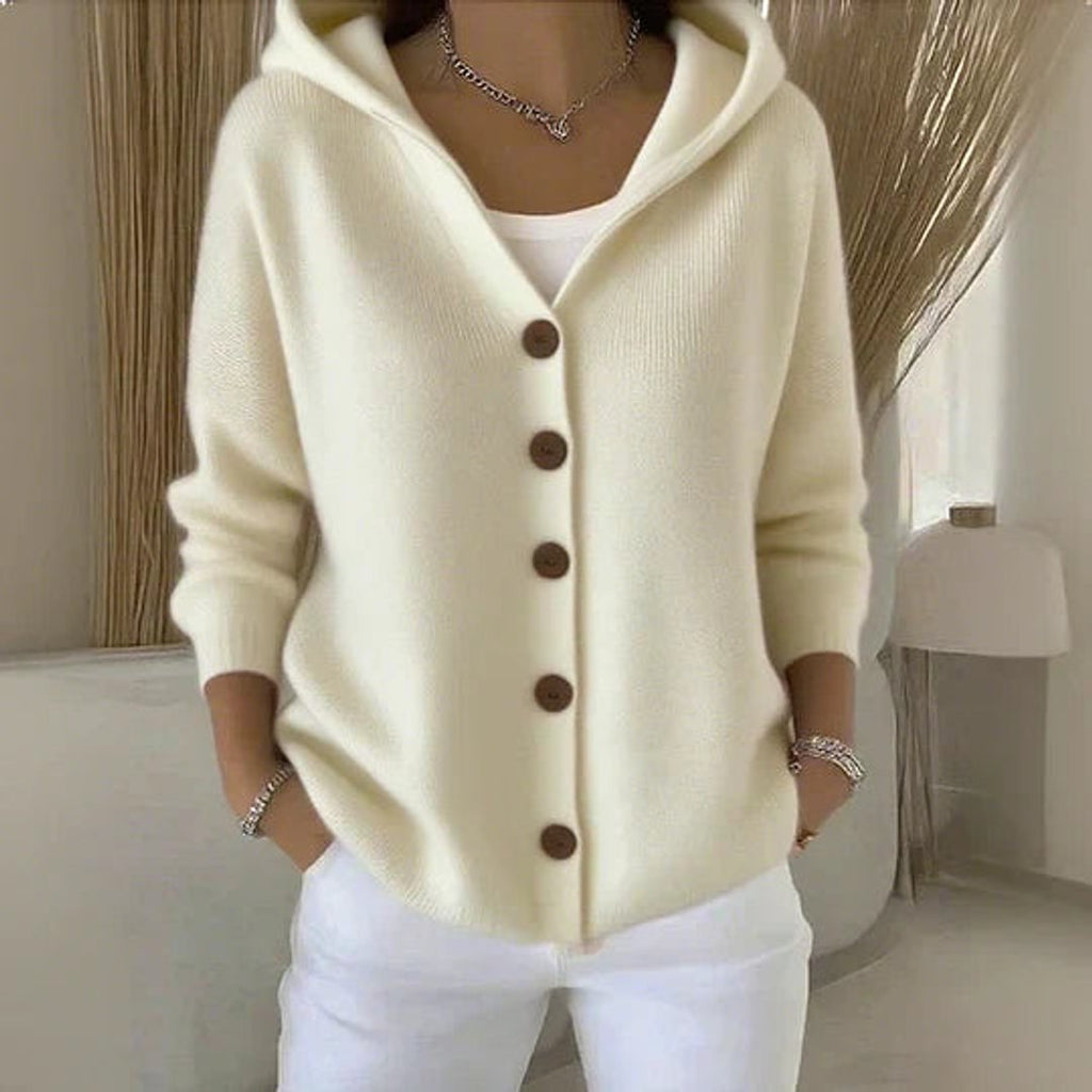 Women's cream hooded cardigan with button front