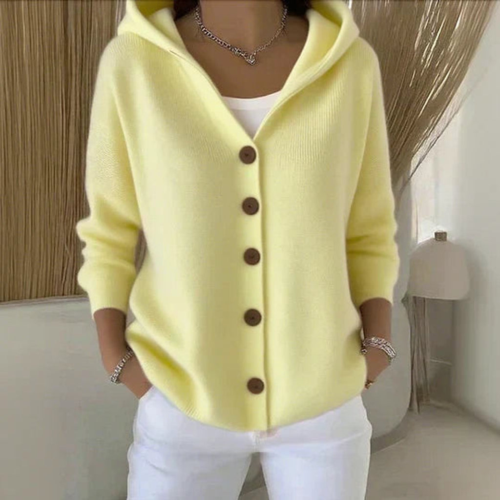 Women's yellow hooded waffle knit cardigan