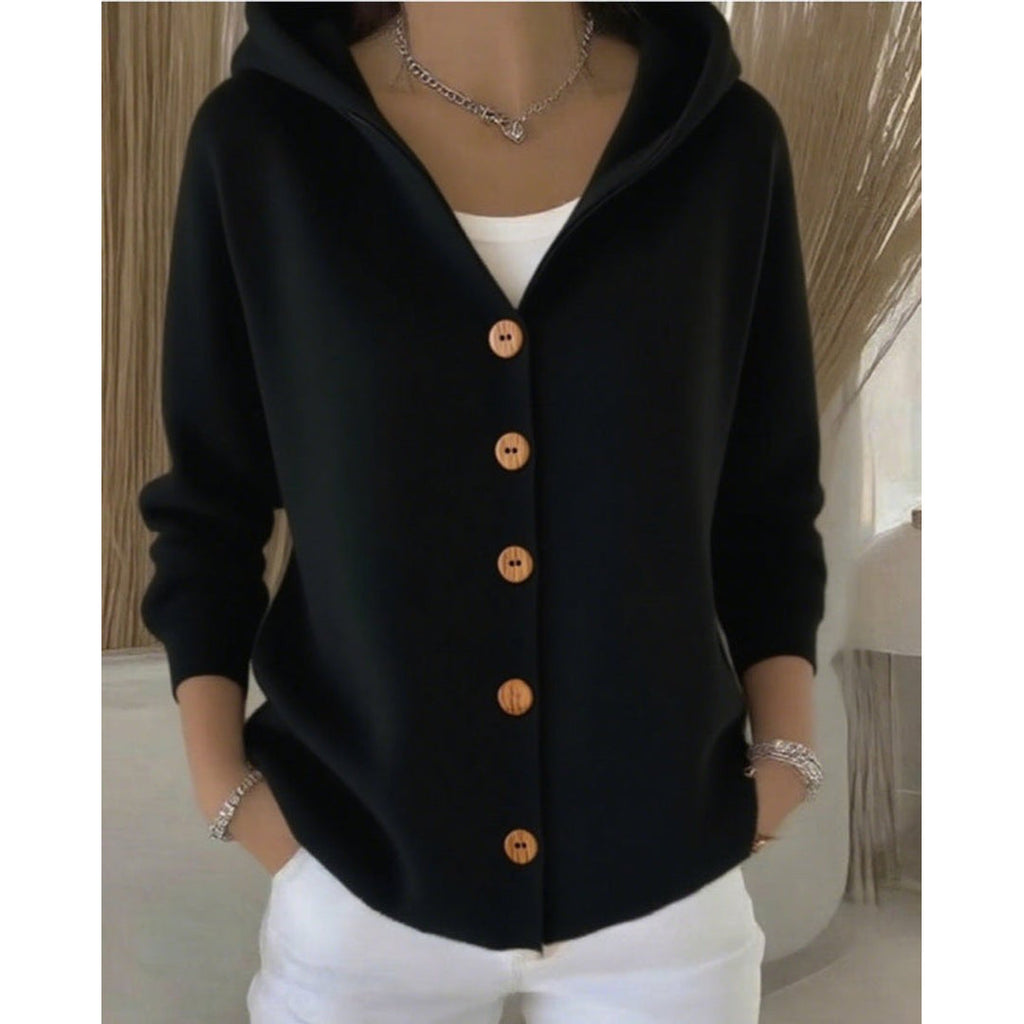 Women's black hooded cardigan with button front