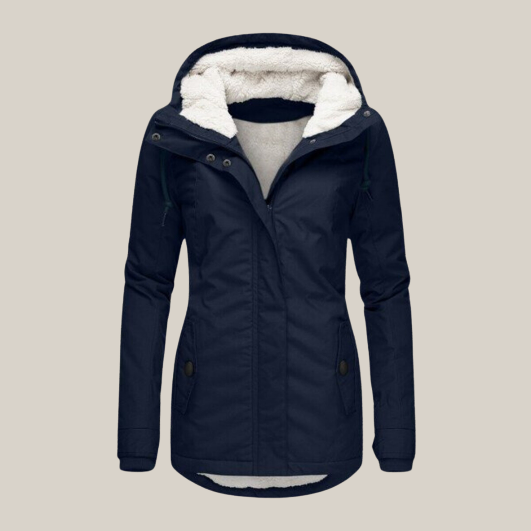 Women's navy blue winter jacket with plush-lined hood