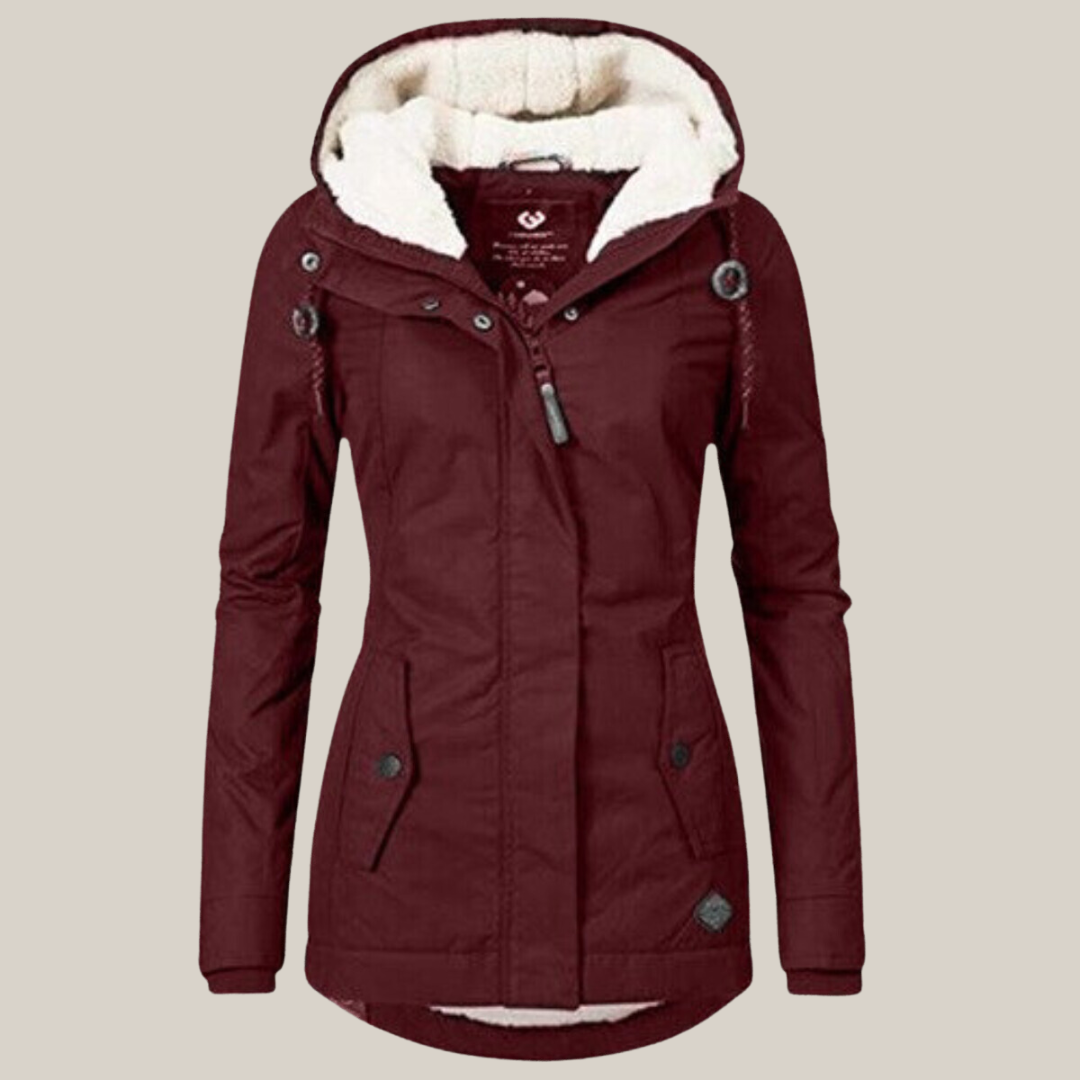 Women's burgundy winter jacket with plush-lined hood