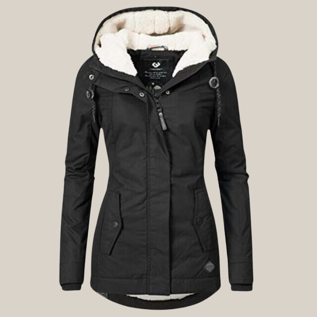 Women's black winter jacket with plush-lined hood