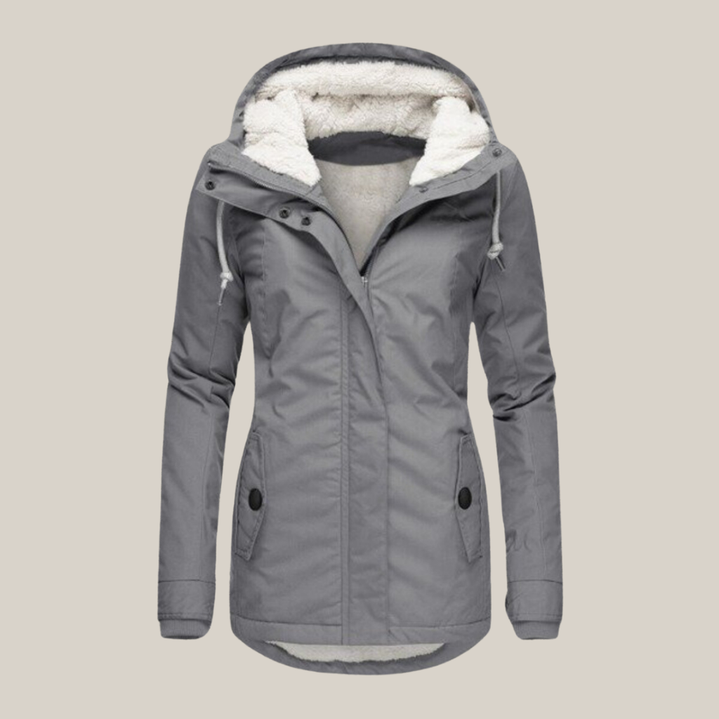 Women's grey plush-lined hooded jacket – front view