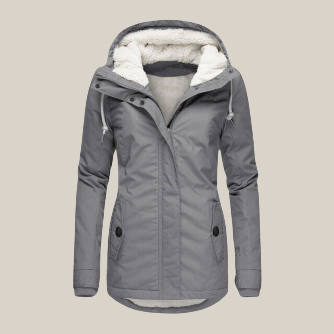 Women's grey plush-lined hooded jacket – front view