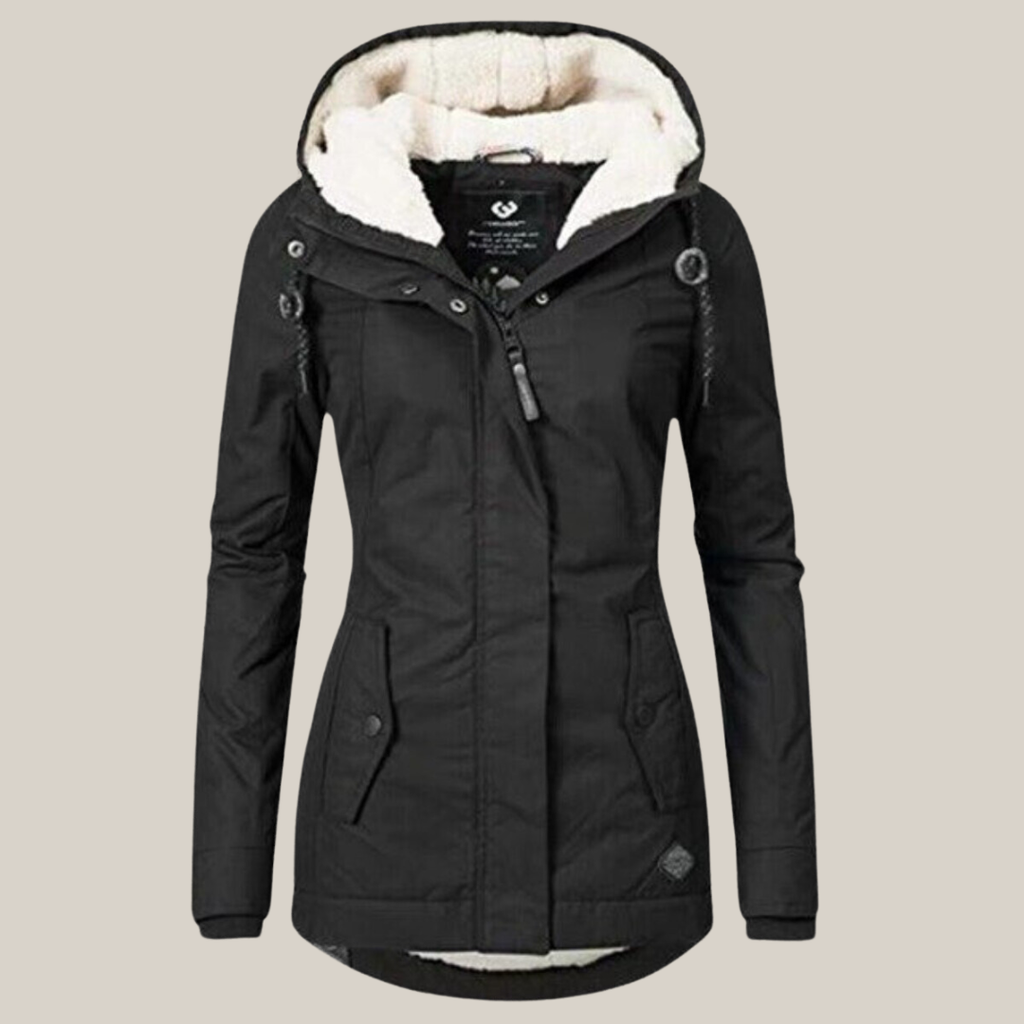 Women's black hooded winter jacket – front view