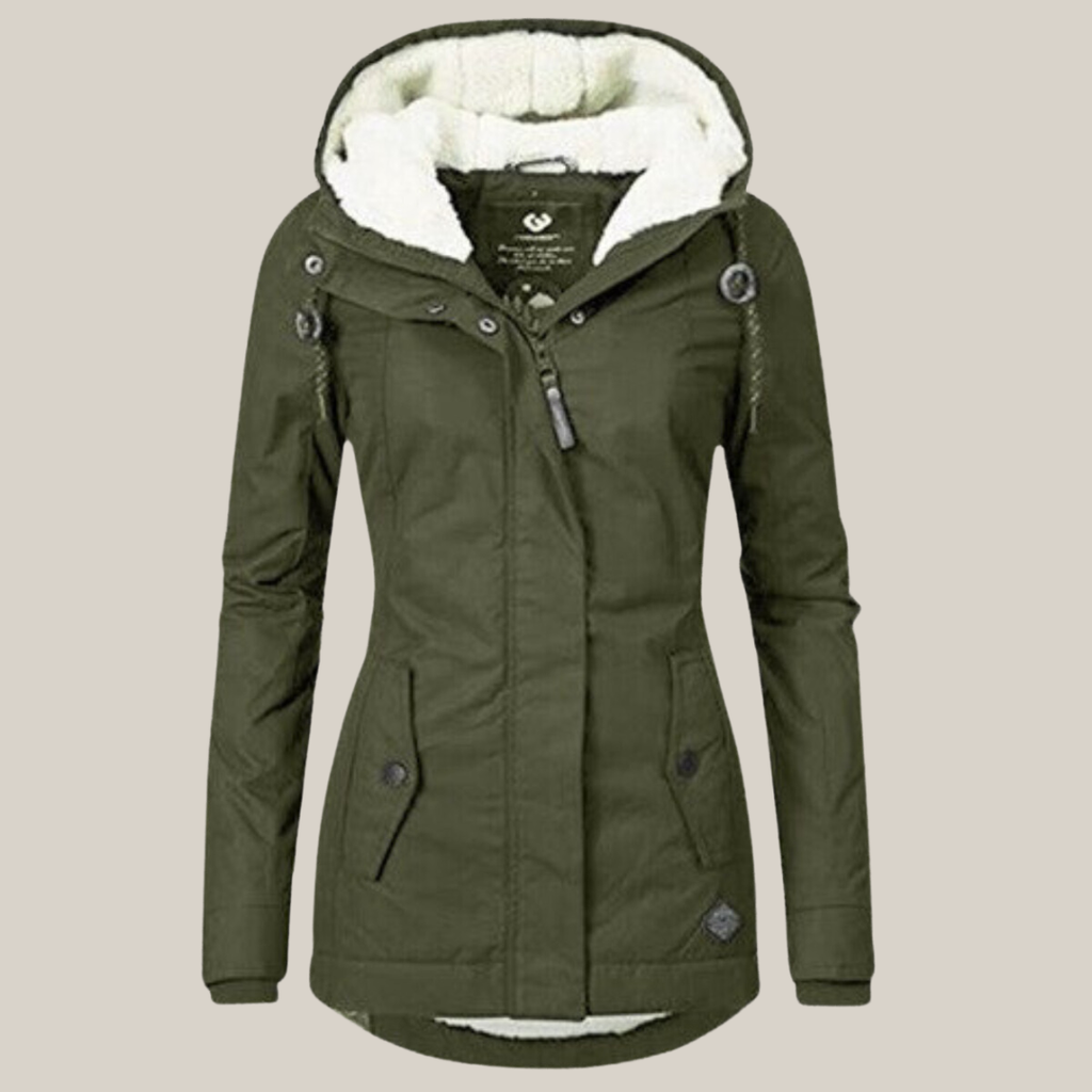 Women's green winter jacket with plush-lined hood