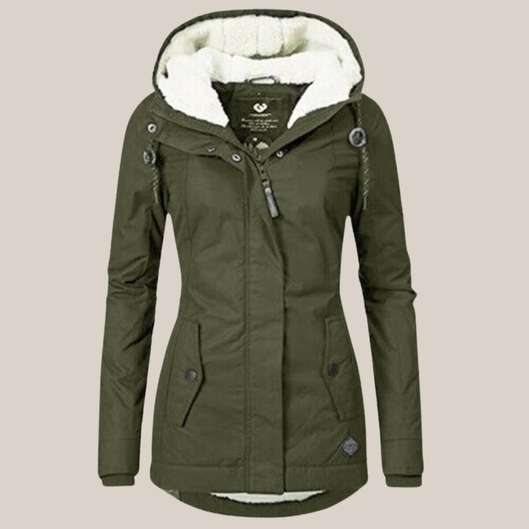 Women's green winter jacket with plush-lined hood