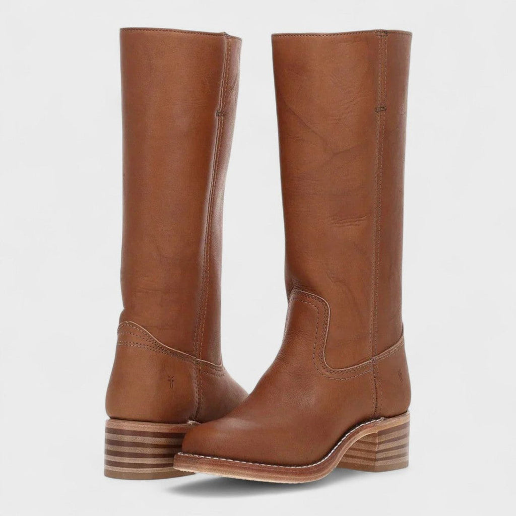 Women's brown knee-high boots with stacked heel