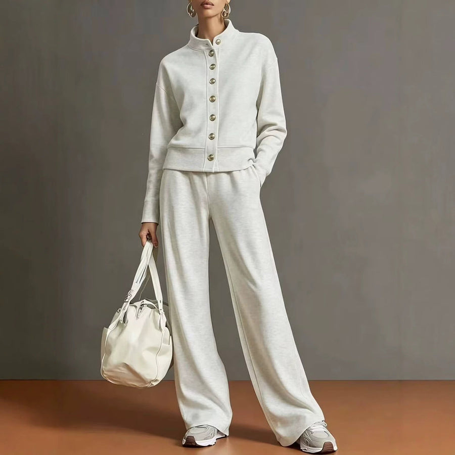 Women's Knit Cardigan and Wide-Leg Trouser Set with Stand Collar for Relaxed Days