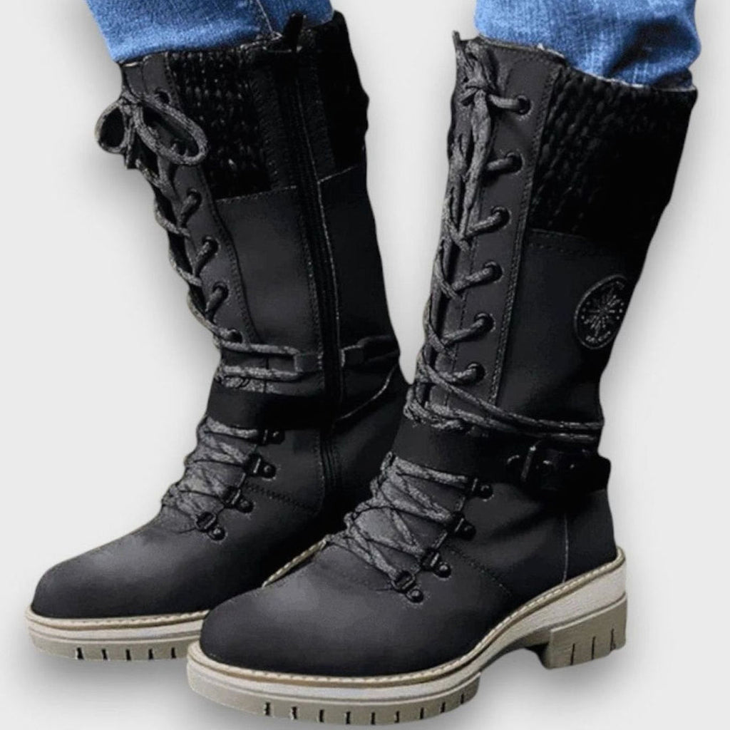 Women's black lace-up winter boots with knit cuff