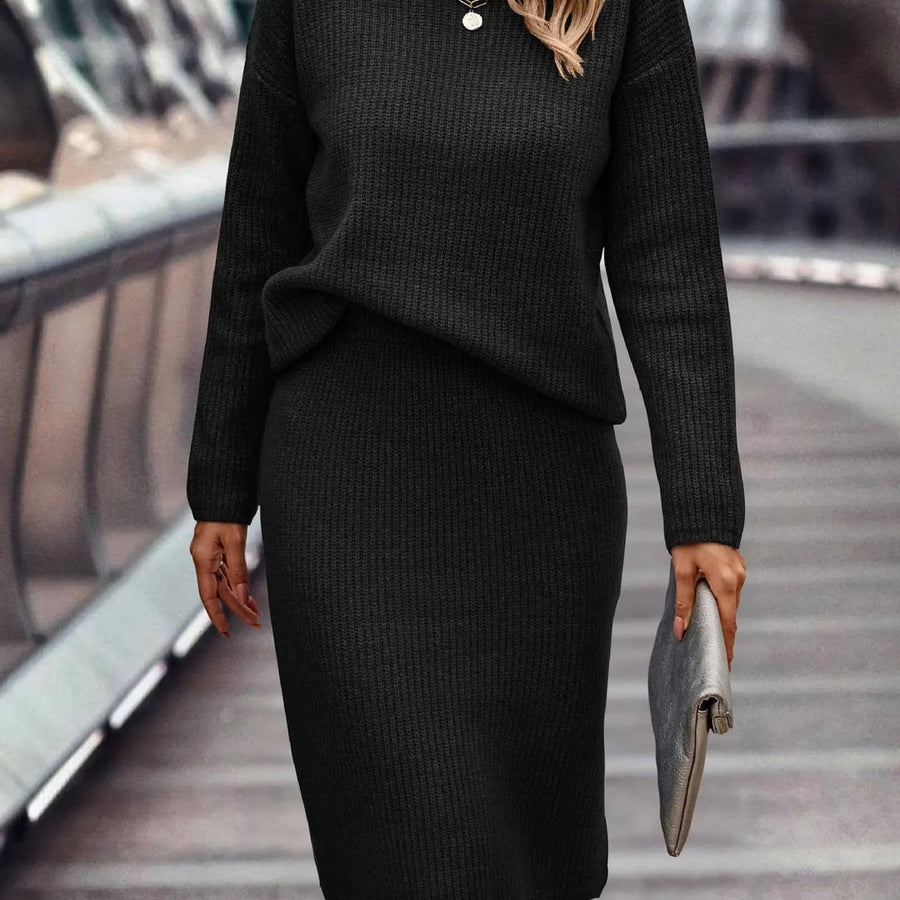 Women's Knit Set with Mock Neck Sweater and Midi Skirt for Smart Occasions