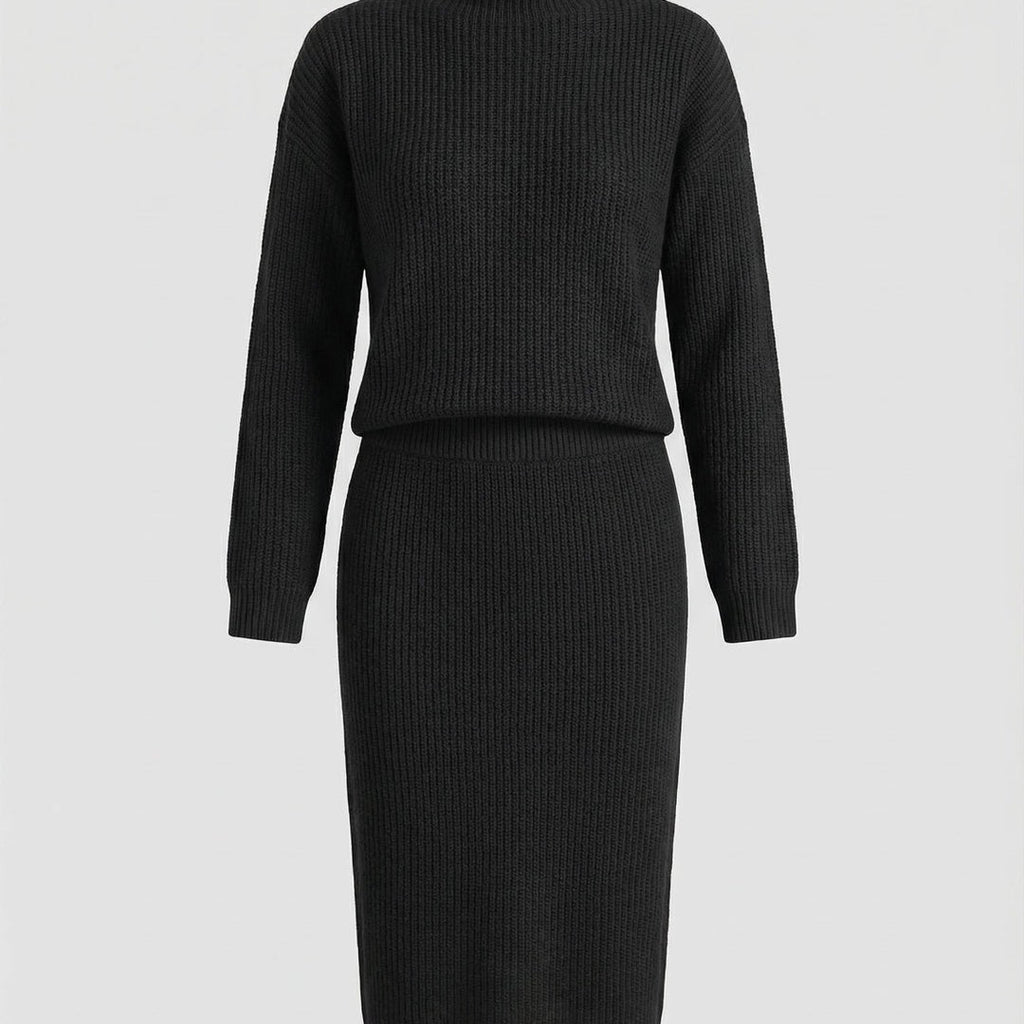 Women's knit set with mock neck sweater and midi skirt in black, flat view