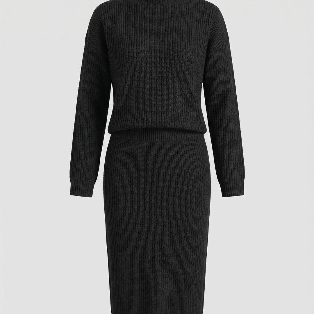 Women's knit set with mock neck sweater and midi skirt in black, flat view