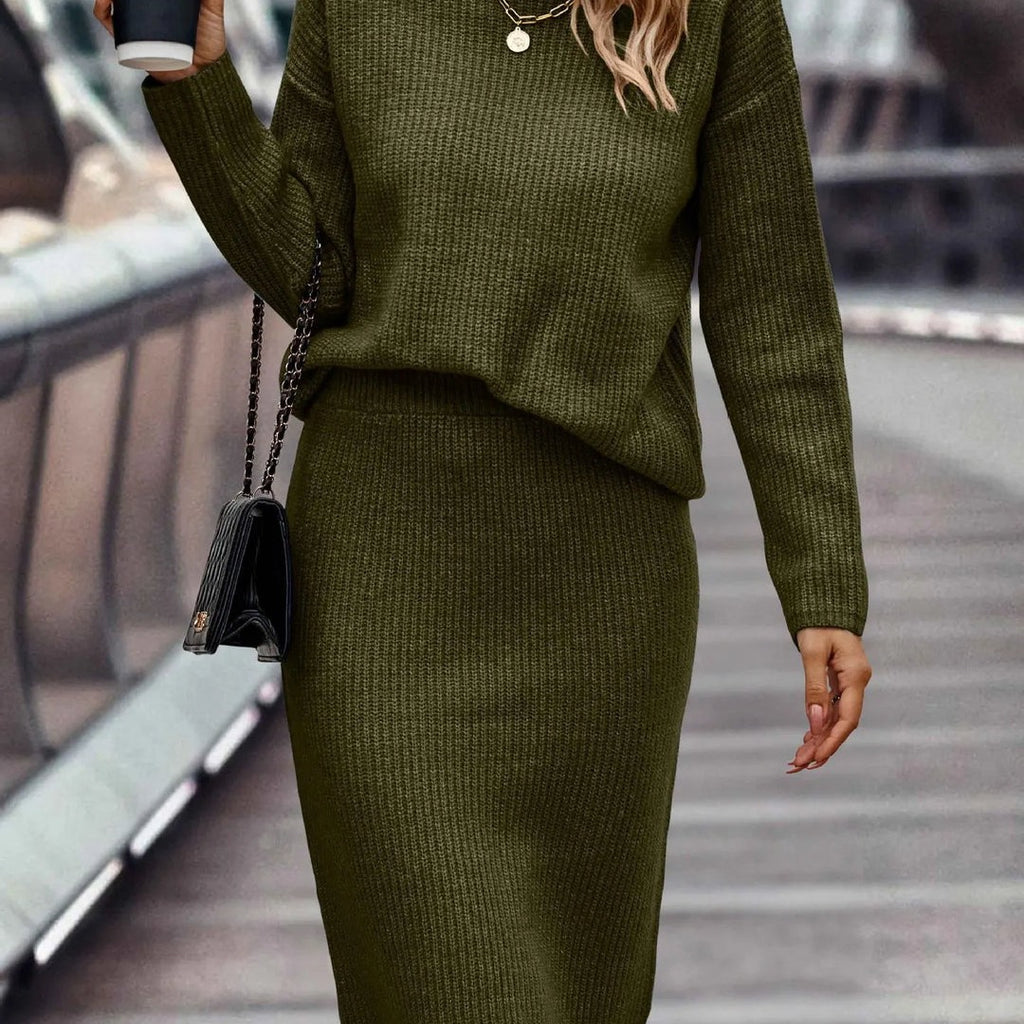 Women's knit set with mock neck sweater and midi skirt in olive green