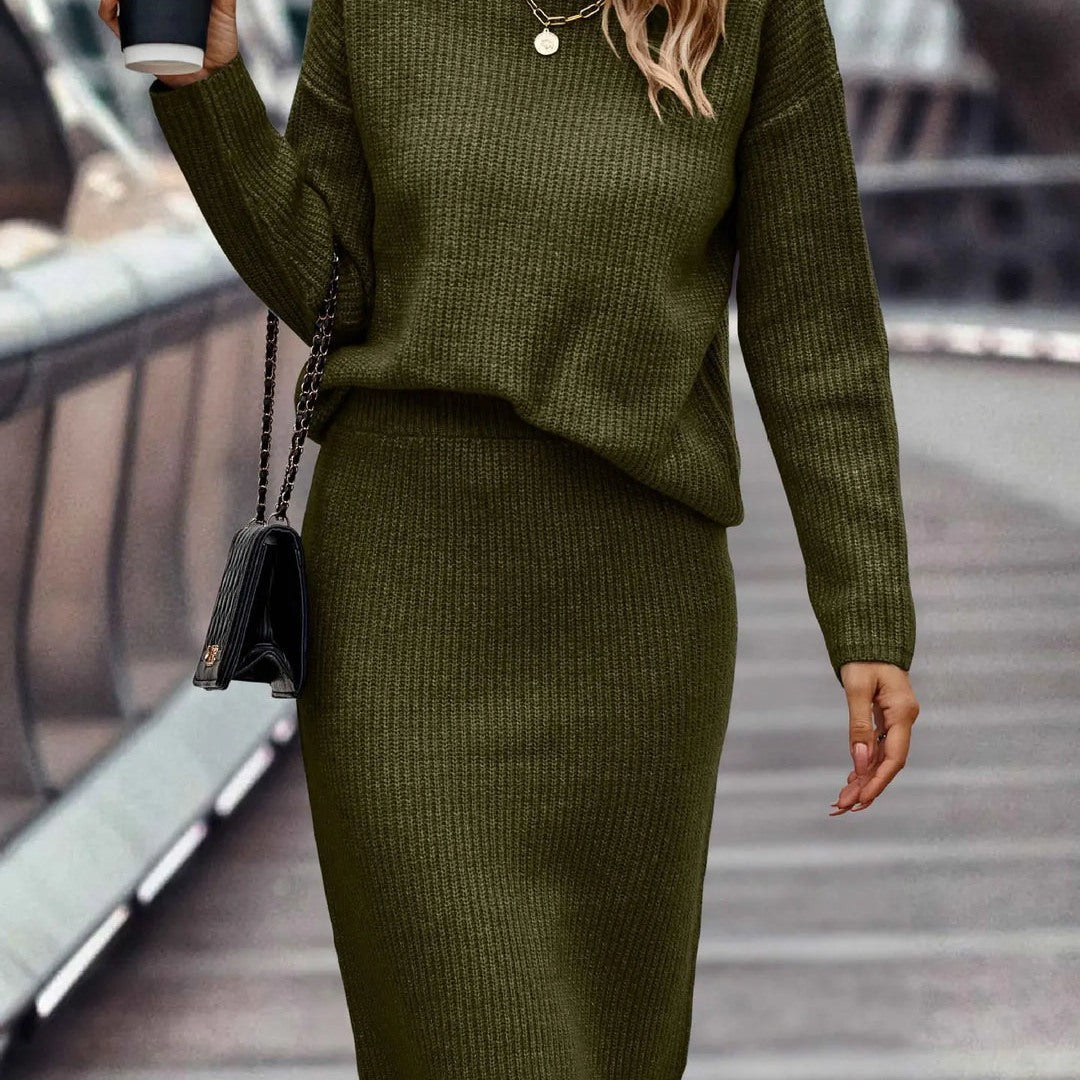 Women's knit set with mock neck sweater and midi skirt in olive green