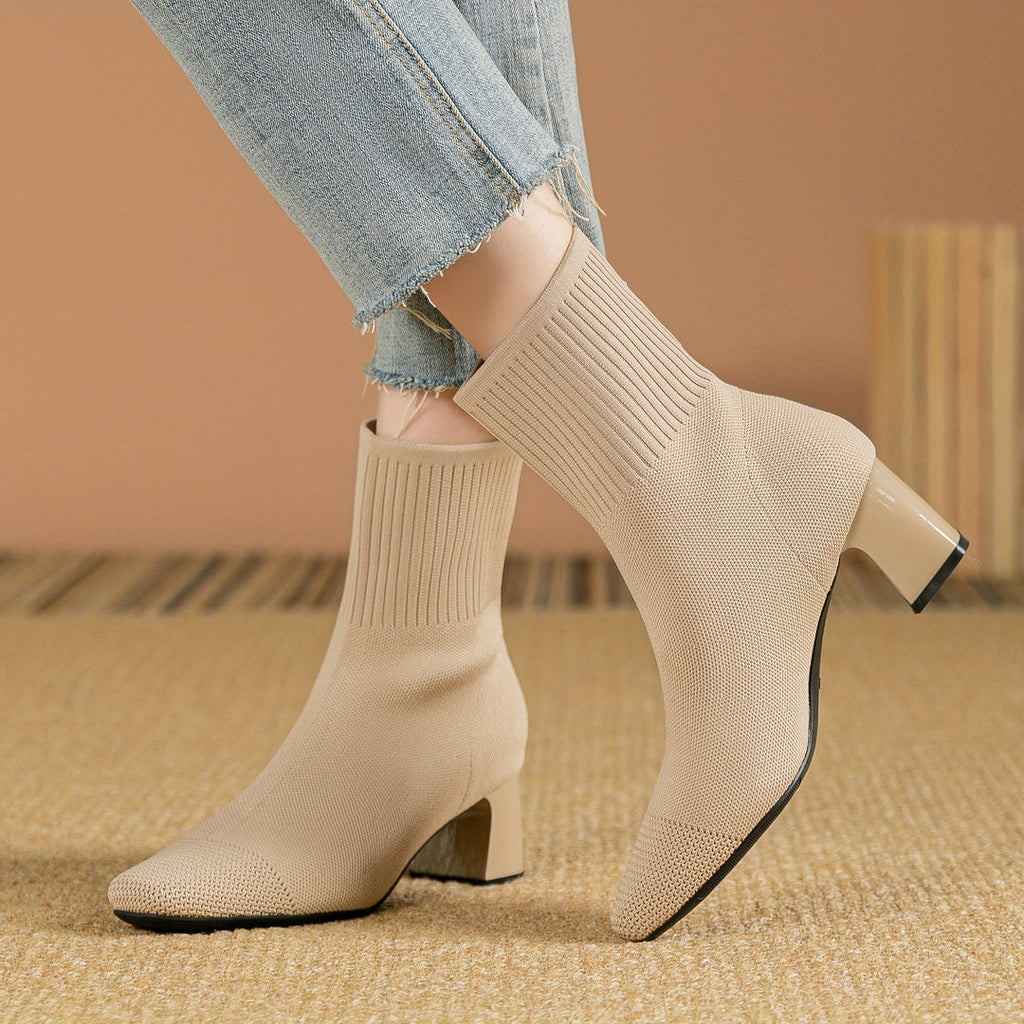 Women's beige knit sock boot – side view
